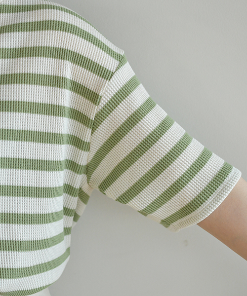 PairPair(ペアペア)の「ボーダー柄ワッフルキーネック5部袖Tシャツ(Tシャツ/カットソー・レディース・ブラック/ベージュ/ライトグリーン・FREE)」の22枚目の写真