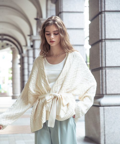 DouDou（ドゥドゥ）の「ケーブルカーディガン（カーディガン/ボレロ・レディース・オフホワイト/ダークブラウン・FREE）」の2枚目の写真