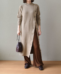LHELBIE | アシメボタンニットワンピース/プチハイネックロング丈ワンピース(ワンピース)