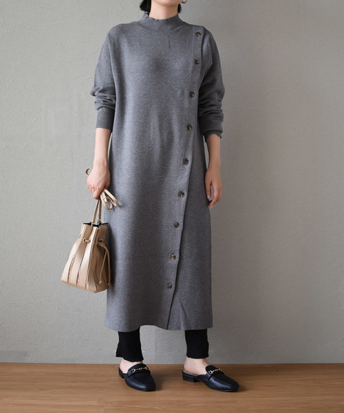 LHELBIE(レルビエ)の「アシメボタンニットワンピース/プチハイネックロング丈ワンピース(ワンピース・レディース・ベージュ/杢グレー/ブラック・M)」の13枚目の写真