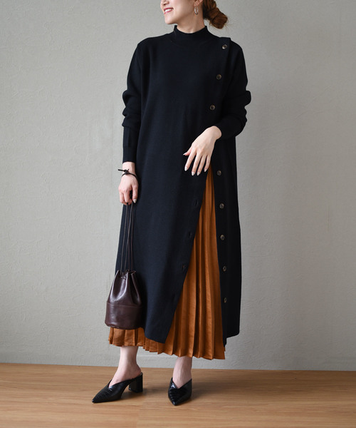 LHELBIE(レルビエ)の「アシメボタンニットワンピース/プチハイネックロング丈ワンピース(ワンピース・レディース・ベージュ/杢グレー/ブラック・M)」の20枚目の写真