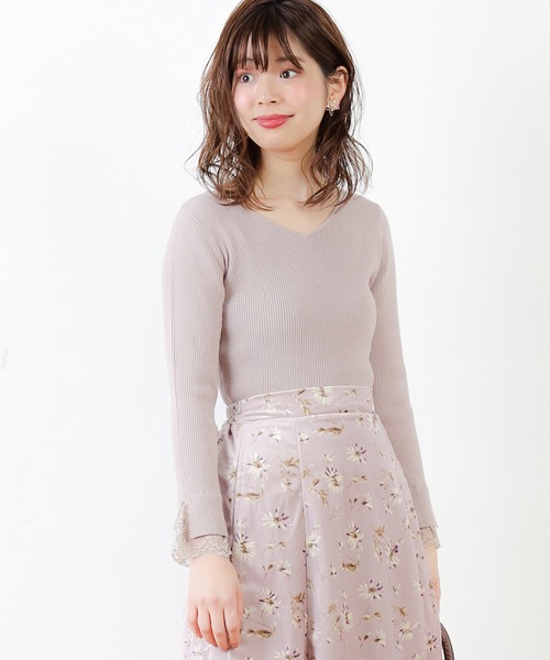 natural couture(ナチュラルクチュール)の「前後2WAY袖レースリブニット(ニット/セーター・レディース・サックスブルー/ピンク/アイボリー/モカ/ピンクベージュ・FREE)」の5枚目の写真