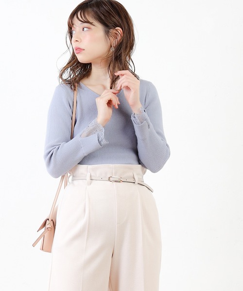 natural couture(ナチュラルクチュール)の「前後2WAY袖レースリブニット(ニット/セーター・レディース・サックスブルー/ピンク/アイボリー/モカ/ピンクベージュ・FREE)」の3枚目の写真