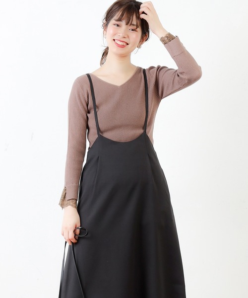 natural couture(ナチュラルクチュール)の「前後2WAY袖レースリブニット(ニット/セーター・レディース・サックスブルー/ピンク/アイボリー/モカ/ピンクベージュ・FREE)」の1枚目の写真