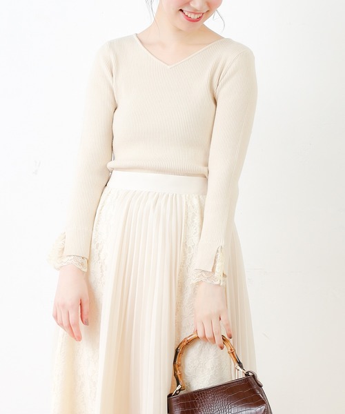 natural couture(ナチュラルクチュール)の「前後2WAY袖レースリブニット(ニット/セーター・レディース・サックスブルー/ピンク/アイボリー/モカ/ピンクベージュ・FREE)」の9枚目の写真