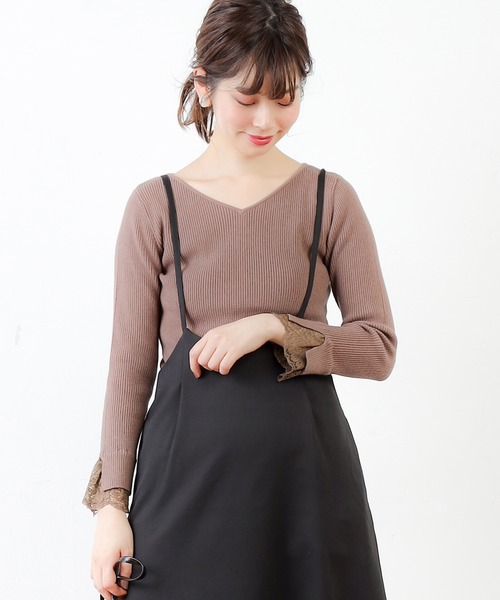 natural couture(ナチュラルクチュール)の「前後2WAY袖レースリブニット(ニット/セーター・レディース・サックスブルー/ピンク/アイボリー/モカ/ピンクベージュ・FREE)」の6枚目の写真