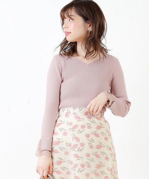 natural couture(ナチュラルクチュール)の「前後2WAY袖レースリブニット(ニット/セーター・レディース・サックスブルー/ピンク/アイボリー/モカ/ピンクベージュ・FREE)」の7枚目の写真