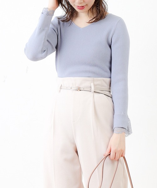 natural couture(ナチュラルクチュール)の「前後2WAY袖レースリブニット(ニット/セーター・レディース・サックスブルー/ピンク/アイボリー/モカ/ピンクベージュ・FREE)」の10枚目の写真