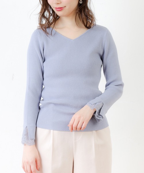 natural couture(ナチュラルクチュール)の「前後2WAY袖レースリブニット(ニット/セーター・レディース・サックスブルー/ピンク/アイボリー/モカ/ピンクベージュ・FREE)」の14枚目の写真