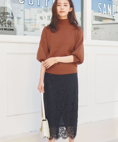 ELFRANK（エルフランク）の「パフスリーブハイネックローゲージリブニットプルオーバー（ニット/セーター・レディース・ブラック/ブラウン/ベージュ/グレー/オフホワイト/グリーン/マスタード/ダークブラウン/ライトグレー・FREE）」の7枚目の写真