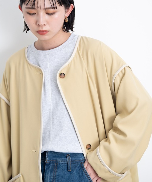 Aunt Marie's(アントマリーズ)の「ノーカラーパイピングトレンチコート(トレンチコート・レディース・ライトグリーン/ベージュ/ブラック・FREE/SMALL)」の11枚目の写真