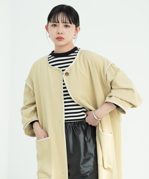 セール】ノーカラーパイピングトレンチコート（トレンチコート）｜Aunt