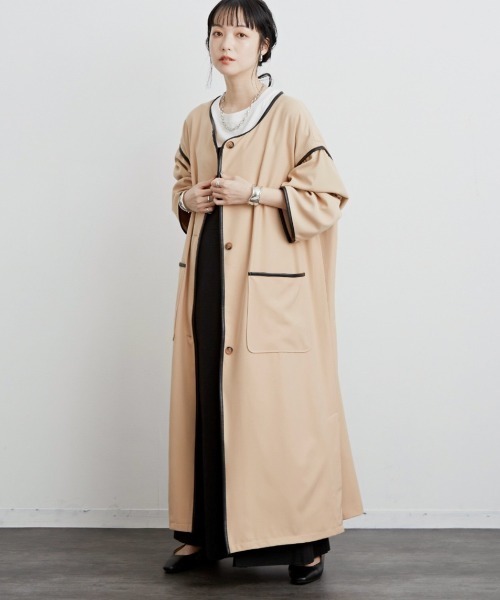 Aunt Marie's(アントマリーズ)の「ノーカラーパイピングトレンチコート(トレンチコート・レディース・ライトグリーン/ベージュ/ブラック・FREE/SMALL)」の4枚目の写真