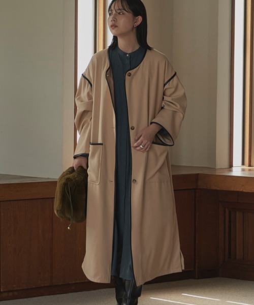 セール】ノーカラーパイピングトレンチコート（トレンチコート）｜Aunt