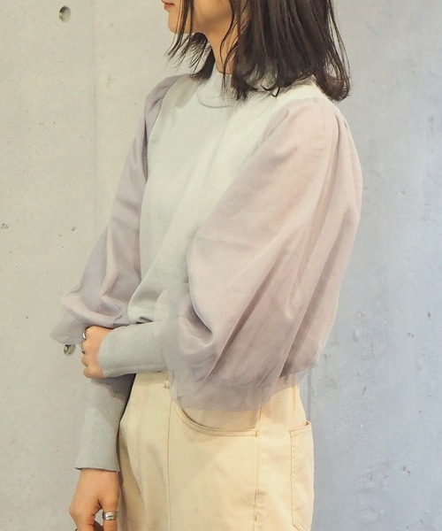 tiptop(ティップトップ)の「2021SS 袖チュールハイネックニット(ニット/セーター・レディース・オフホワイト/ブラック/グレー/グリーン・FREE)」の1枚目の写真