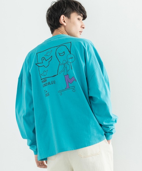 Mark Gonzales(マーク・ゴンザレス)の「MARK GONZALES マークゴンザレス 別注コラボ グラフィックロゴプリント ビッグロンT(Tシャツ/カットソー・メンズ・ブラック/パープル/ブラウン/オフホワイト/サックスブルー/ピンク/グリーン/グレイッシュベージュ・M/L/XL)」の6枚目の写真