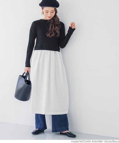 coca(coca)(コカ)の「シャツ切り替えニットワンピ(ワンピース・レディース・ブラック・ONE SIZE)」の2枚目の写真