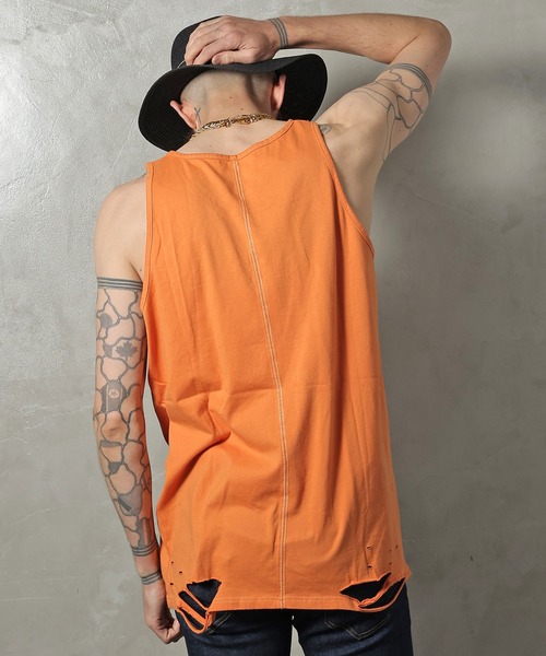 GALLIS ADDICTION（ガリスアディクション）の「GA DAMAGE TANK TOP/ダメージ タンクトップ（タンクトップ・メンズ・チャコール/ナチュラル/ライトオレンジ系・FREE）」の3枚目の写真