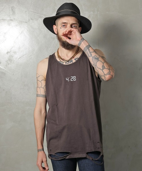 GALLIS ADDICTION（ガリスアディクション）の「GA DAMAGE TANK TOP/ダメージ タンクトップ（タンクトップ・メンズ・チャコール/ナチュラル/ライトオレンジ系・FREE）」の4枚目の写真
