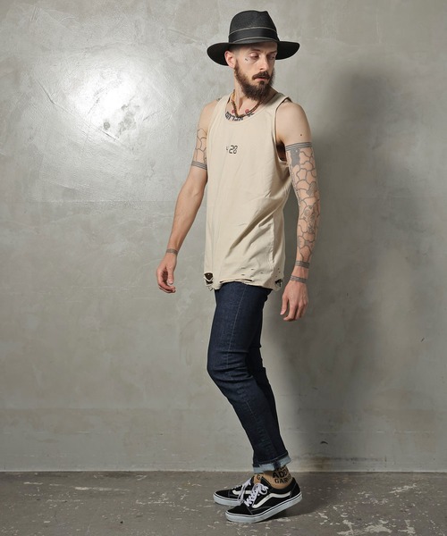 GALLIS ADDICTION（ガリスアディクション）の「GA DAMAGE TANK TOP/ダメージ タンクトップ（タンクトップ・メンズ・チャコール/ナチュラル/ライトオレンジ系・FREE）」の6枚目の写真