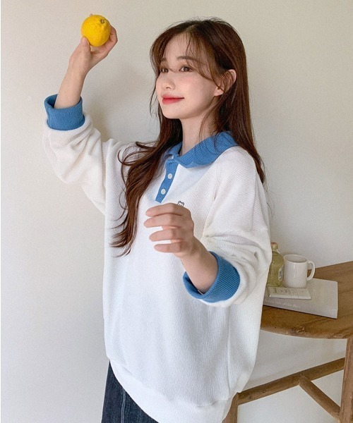 muahmuah（ムーアムーア）の「A'GEM/9 × .kom『muah muah/ムーアムーア』MUAH STITCH COMBI GOLGI COLLAR MTM/襟付き リブ網スウェットシャツ（スウェット・レディース・ブラック/ブラウン/ブルー・FREE）」の3枚目の写真