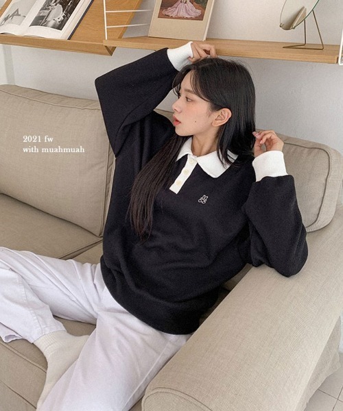 muahmuah（ムーアムーア）の「A'GEM/9 × .kom『muah muah/ムーアムーア』MUAH STITCH COMBI GOLGI COLLAR MTM/襟付き リブ網スウェットシャツ（スウェット・レディース・ブラック/ブラウン/ブルー・FREE）」の4枚目の写真