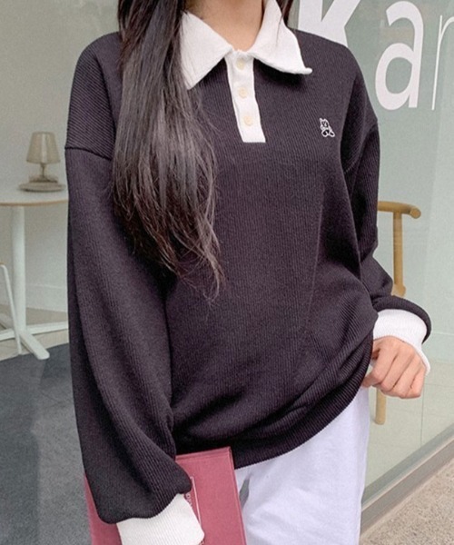 muahmuah（ムーアムーア）の「A'GEM/9 × .kom『muah muah/ムーアムーア』MUAH STITCH COMBI GOLGI COLLAR MTM/襟付き リブ網スウェットシャツ（スウェット・レディース・ブラック/ブラウン/ブルー・FREE）」の15枚目の写真