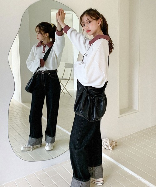 muahmuah（ムーアムーア）の「A'GEM/9 × .kom『muah muah/ムーアムーア』MUAH STITCH COMBI GOLGI COLLAR MTM/襟付き リブ網スウェットシャツ（スウェット・レディース・ブラック/ブラウン/ブルー・FREE）」の19枚目の写真