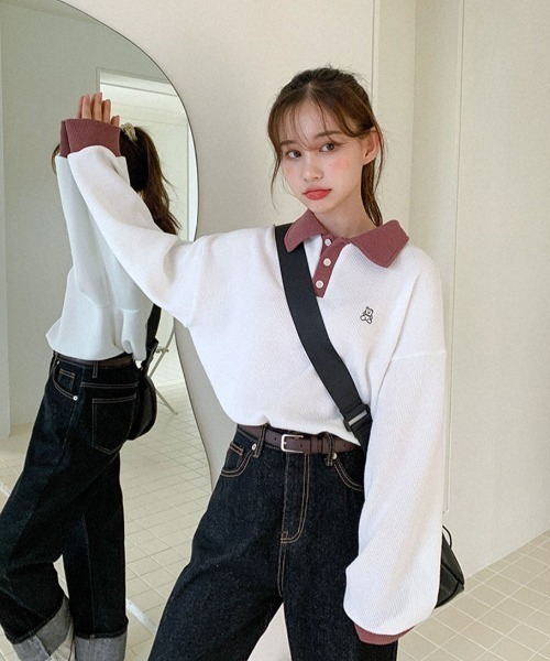 muahmuah（ムーアムーア）の「A'GEM/9 × .kom『muah muah/ムーアムーア』MUAH STITCH COMBI GOLGI COLLAR MTM/襟付き リブ網スウェットシャツ（スウェット・レディース・ブラック/ブラウン/ブルー・FREE）」の8枚目の写真