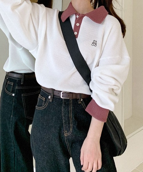 muahmuah（ムーアムーア）の「A'GEM/9 × .kom『muah muah/ムーアムーア』MUAH STITCH COMBI GOLGI COLLAR MTM/襟付き リブ網スウェットシャツ（スウェット・レディース・ブラック/ブラウン/ブルー・FREE）」の12枚目の写真