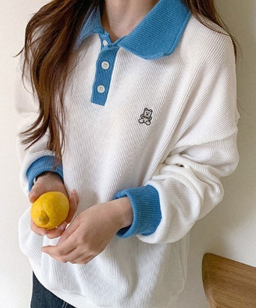 muahmuah（ムーアムーア）の「A'GEM/9 × .kom『muah muah/ムーアムーア』MUAH STITCH COMBI GOLGI COLLAR MTM/襟付き リブ網スウェットシャツ（スウェット・レディース・ブラック/ブラウン/ブルー・FREE）」の20枚目の写真