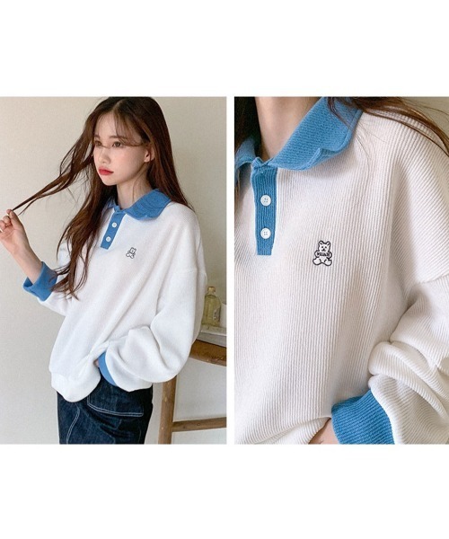 muahmuah（ムーアムーア）の「A'GEM/9 × .kom『muah muah/ムーアムーア』MUAH STITCH COMBI GOLGI COLLAR MTM/襟付き リブ網スウェットシャツ（スウェット・レディース・ブラック/ブラウン/ブルー・FREE）」の13枚目の写真