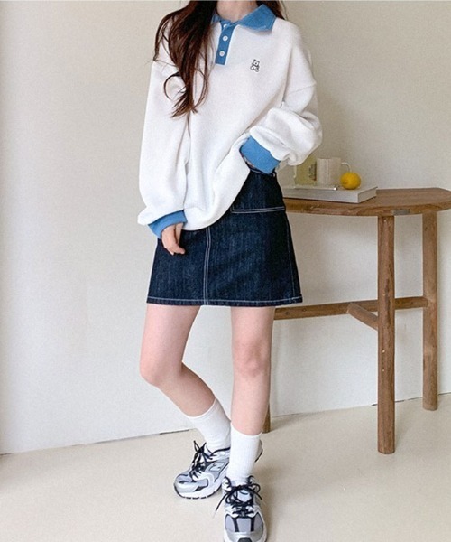 muahmuah（ムーアムーア）の「A'GEM/9 × .kom『muah muah/ムーアムーア』MUAH STITCH COMBI GOLGI COLLAR MTM/襟付き リブ網スウェットシャツ（スウェット・レディース・ブラック/ブラウン/ブルー・FREE）」の6枚目の写真