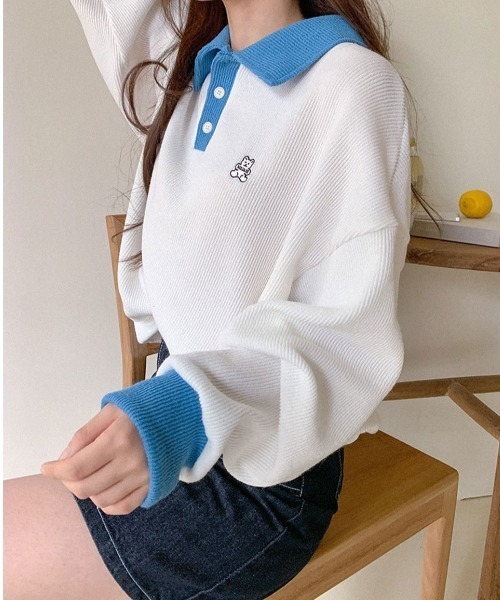 muahmuah（ムーアムーア）の「A'GEM/9 × .kom『muah muah/ムーアムーア』MUAH STITCH COMBI GOLGI COLLAR MTM/襟付き リブ網スウェットシャツ（スウェット・レディース・ブラック/ブラウン/ブルー・FREE）」の17枚目の写真
