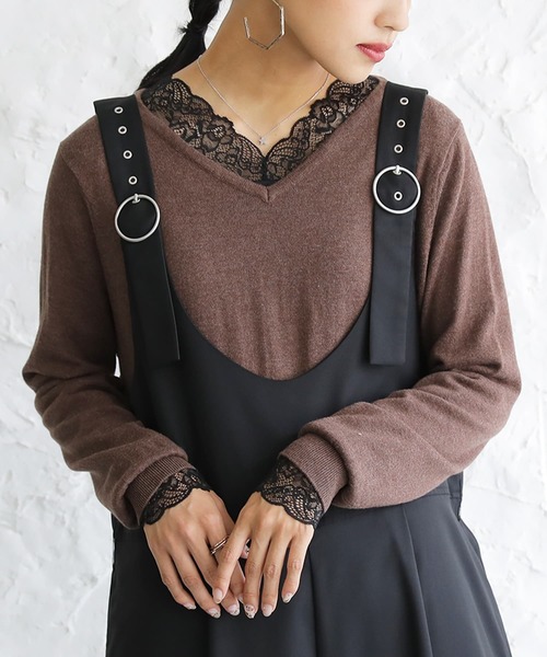 osharewalker（オシャレウォーカー）の「『ミリオンホットVネックレースロンT』（Tシャツ/カットソー・レディース・ブラック/ピンク/ダークグレー/アイボリー/グレイッシュブルー・L/LL/S/M）」の3枚目の写真