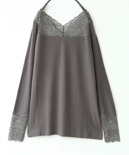 osharewalker（オシャレウォーカー）の「『ミリオンホットVネックレースロンT』（Tシャツ/カットソー・レディース・ブラック/ピンク/ダークグレー/アイボリー/グレイッシュブルー・L/LL/S/M）」の6枚目の写真