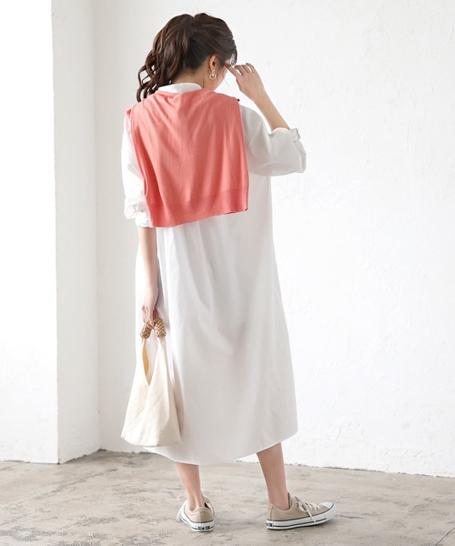 KOBE LETTUCE（コウベレタス）の「スタンドカラーロングシャツワンピース（シャツワンピース・レディース・オフホワイト/ホワイト×ネイビー/ベージュ系その他/ホワイト系その他・FREE）」の13枚目の写真