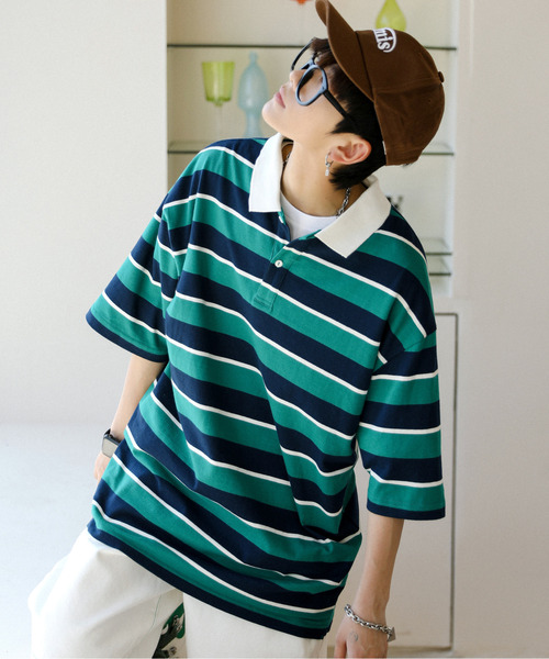 neos(ネオス)の「【neos -addictive design-】ルーズシルエット 配色 レトロ ボーダー ラガー ポロシャツ(ポロシャツ・メンズ・サックスブルー/ネイビー/グリーン系その他/ベージュ系/グリーン系その他2/グレー系・X-LARGE/LARGE/MEDIUM)」の3枚目の写真