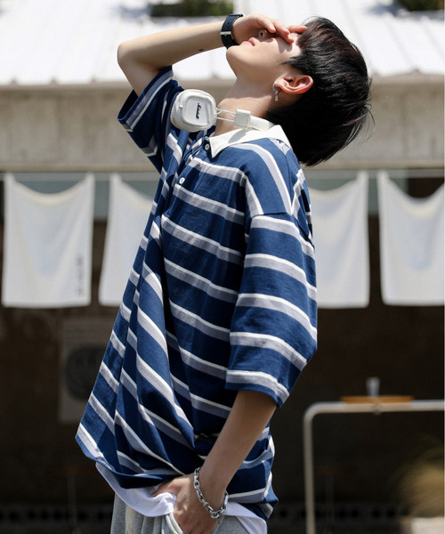 neos(ネオス)の「【neos -addictive design-】ルーズシルエット 配色 レトロ ボーダー ラガー ポロシャツ(ポロシャツ・メンズ・サックスブルー/ネイビー/グリーン系その他/ベージュ系/グリーン系その他2/グレー系・X-LARGE/LARGE/MEDIUM)」の5枚目の写真