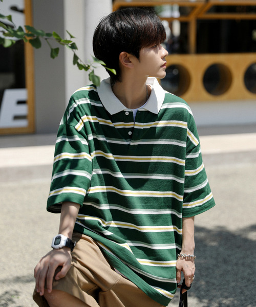 neos(ネオス)の「【neos -addictive design-】ルーズシルエット 配色 レトロ ボーダー ラガー ポロシャツ(ポロシャツ・メンズ・サックスブルー/ネイビー/グリーン系その他/ベージュ系/グリーン系その他2/グレー系・X-LARGE/LARGE/MEDIUM)」の4枚目の写真