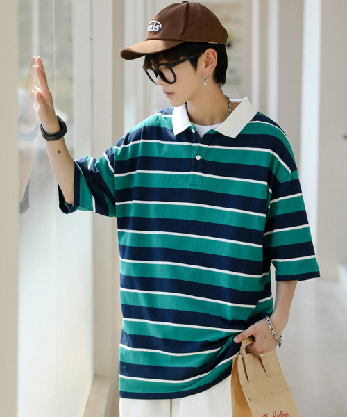 neos(ネオス)の「【neos -addictive design-】ルーズシルエット 配色 レトロ ボーダー ラガー ポロシャツ(ポロシャツ・メンズ・サックスブルー/ネイビー/グリーン系その他/ベージュ系/グリーン系その他2/グレー系・X-LARGE/LARGE/MEDIUM)」の7枚目の写真