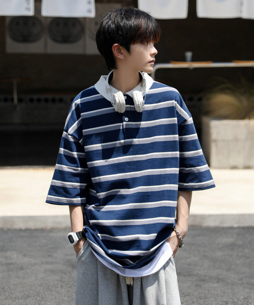 neos(ネオス)の「【neos -addictive design-】ルーズシルエット 配色 レトロ ボーダー ラガー ポロシャツ(ポロシャツ・メンズ・サックスブルー/ネイビー/グリーン系その他/ベージュ系/グリーン系その他2/グレー系・X-LARGE/LARGE/MEDIUM)」の17枚目の写真