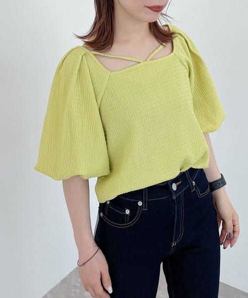 mysty woman（ミスティウーマン）の「シャーリングストリングプルオーバー 294762（Tシャツ/カットソー・レディース・イエロー/ブラック/ホワイト・FREE）」の5枚目の写真