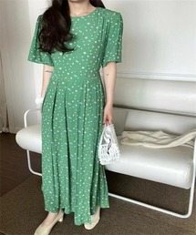 ウエストリボン　小花柄ロングワンピース
