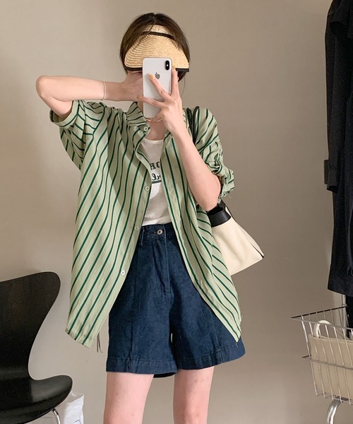 Auntie Rosa（アンティローザ）の「オーバーサイズストライプシャツ　タンクトップ付（シャツ/ブラウス・レディース・ピンク/グリーン・FREE）」の7枚目の写真