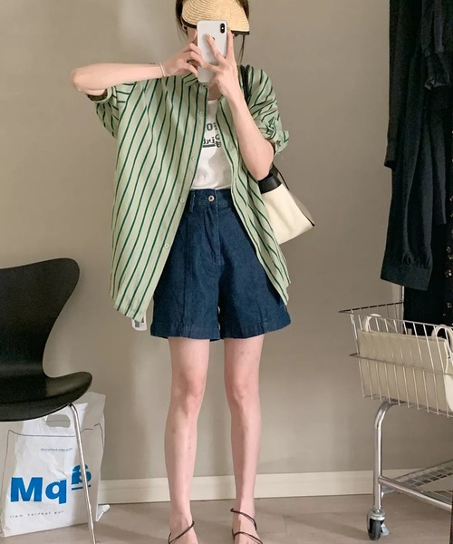 Auntie Rosa（アンティローザ）の「オーバーサイズストライプシャツ　タンクトップ付（シャツ/ブラウス・レディース・ピンク/グリーン・FREE）」の4枚目の写真