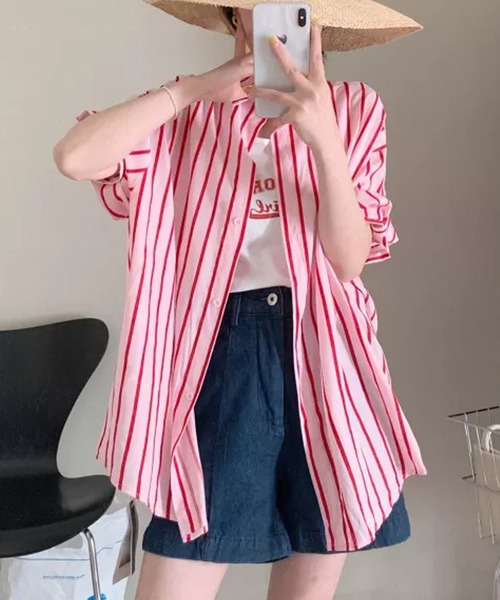 Auntie Rosa（アンティローザ）の「オーバーサイズストライプシャツ　タンクトップ付（シャツ/ブラウス・レディース・ピンク/グリーン・FREE）」の5枚目の写真