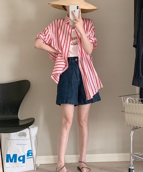 Auntie Rosa（アンティローザ）の「オーバーサイズストライプシャツ　タンクトップ付（シャツ/ブラウス・レディース・ピンク/グリーン・FREE）」の6枚目の写真