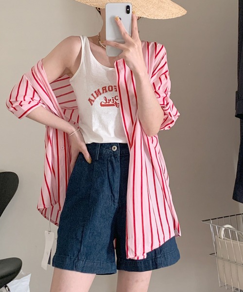 Auntie Rosa（アンティローザ）の「オーバーサイズストライプシャツ　タンクトップ付（シャツ/ブラウス・レディース・ピンク/グリーン・FREE）」の3枚目の写真