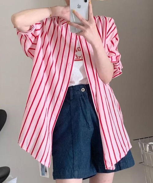 Auntie Rosa（アンティローザ）の「オーバーサイズストライプシャツ　タンクトップ付（シャツ/ブラウス・レディース・ピンク/グリーン・FREE）」の16枚目の写真